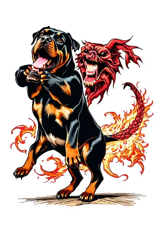 A Vicious Rottweiler Fighting A Demon