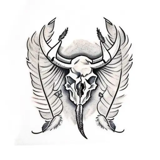 Country Bull Skull With Feathers
