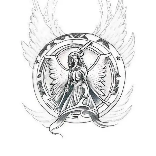 A Traditional Tattoo Design Showcasing A Religious Figure Triumphing Over Angels And Demons