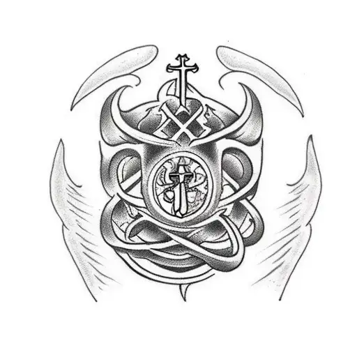 A Traditional Tattoo Design Featuring Religious Symbols Intertwined With Angels And Demons