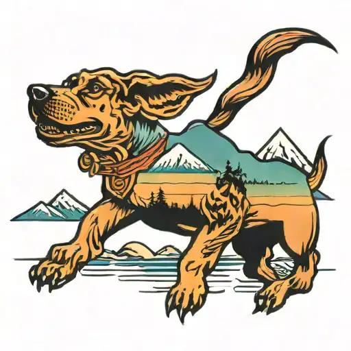 Dog Walking In Sunset Lake Surrounded By Mountains