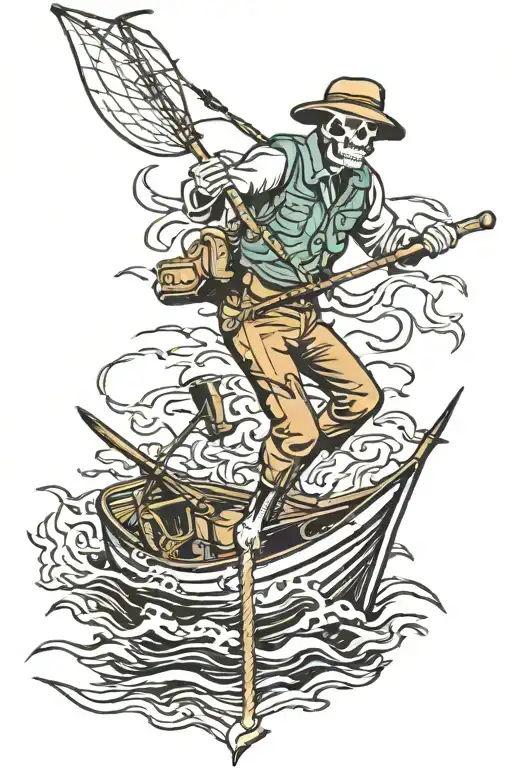 Skeleton Fisherman Fishing From A Boat Floating