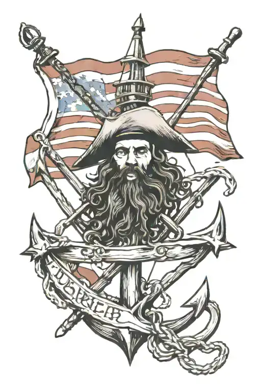 Blackbeard Flag Tattered And Draped Over An Anchor