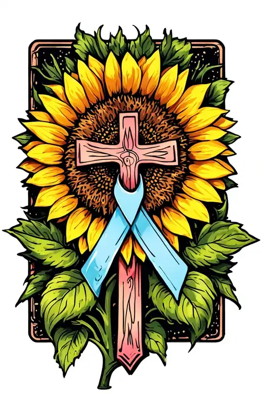 Sunflower And Cross With 2 Cancer Ribbons