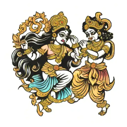 A Traditional Tattoo Of Radha Krishna Dancing To Music