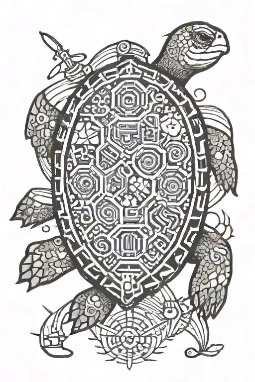 An Intricate Tattoo Of A Turtle With Elements Of Computer Game Graphics Integrated Into The Design