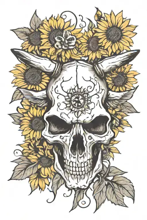 Longhorn Skull With A Sun Flower Grow Out Of It With A Honey Bee On The Sunflower