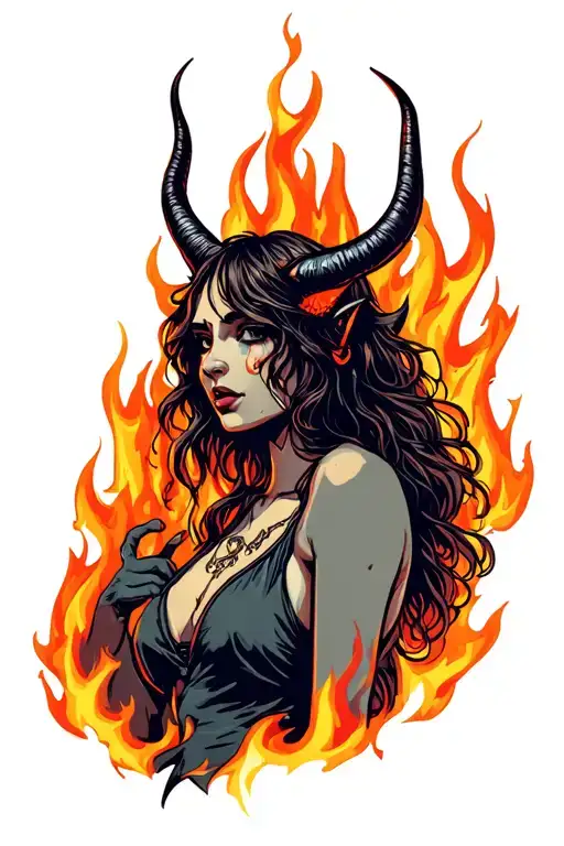 Devil Girl With Horns Surronded By Fire