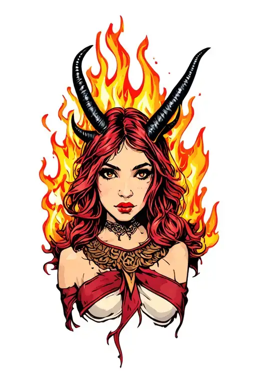 Devil Girl With Horns Surronded By Fire