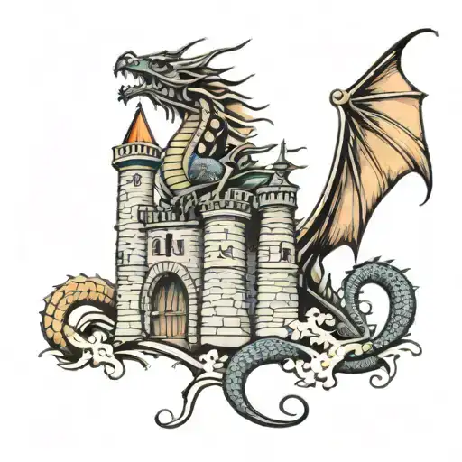 Dragon Perched On A Castle Tower