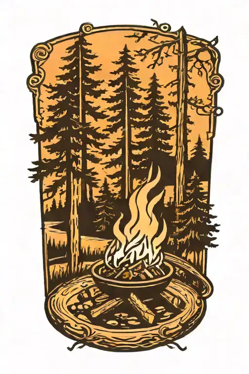 Traditional Tattoo Of A Campfire Surrounded By Tall Trees With Musical Notes Floating In The Air