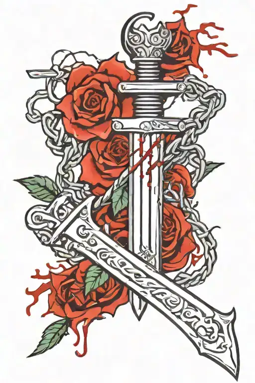 Sword With Barbed Wire Around Handle And Blade With Blood Dripping From Barbed Wire