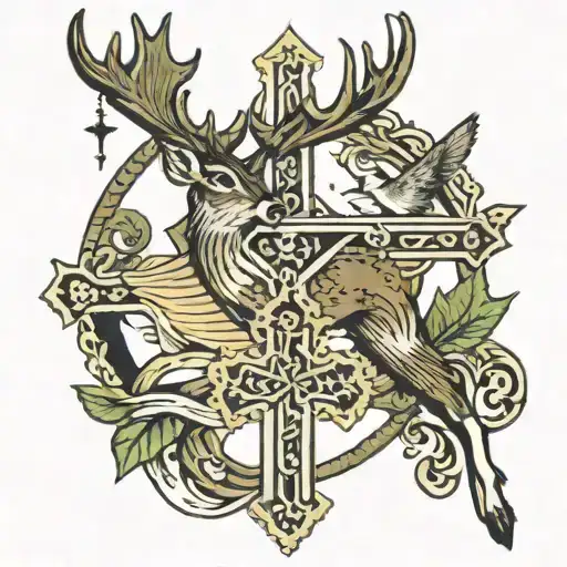 Deer And Mallards Flying And Religious Cross Intertwined