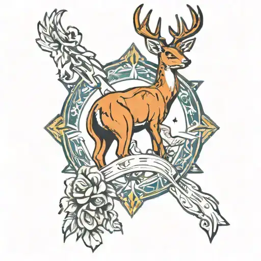 Deer And Mallards And Religious Cross Intertwined Representing