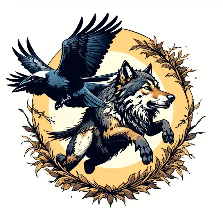 Wolf Chasing A Raven Flying