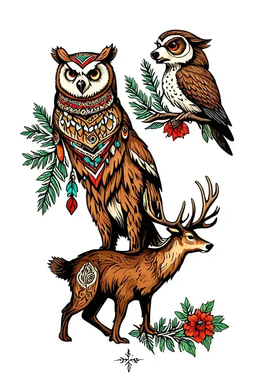 Bear And Owl And Deer Totem