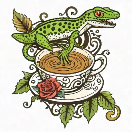 A Traditional Style Tattoo Of A Gecko Perched On A Coffee Cup With Music Notes Floating Around