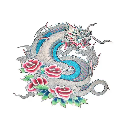 Japanese-style Half-sleeve With Dragon And Several Big Roses