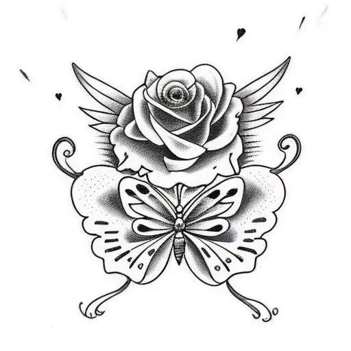 Butterfly With Half Wing Half Roses And Lily Flowers With Halo Above With Hearts