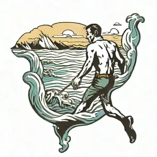 Man Walking Into Ocean Scene