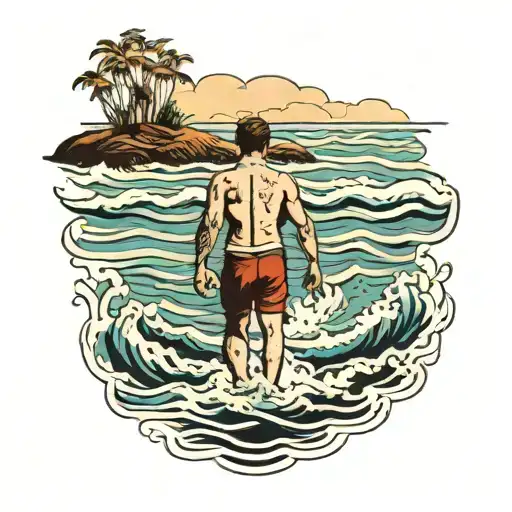 Man Walking Into Ocean Scene Viewed From Behind