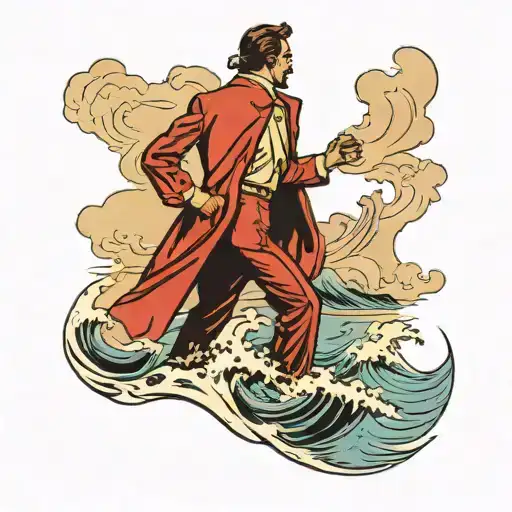 Fully Clothed Man With Pants And Red Jacket Walking Into Ocean Scene Viewed From Behind
