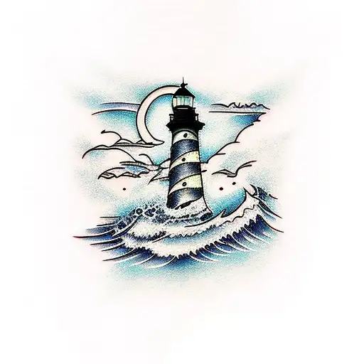Light House With Moon And Waves Thick Lines
