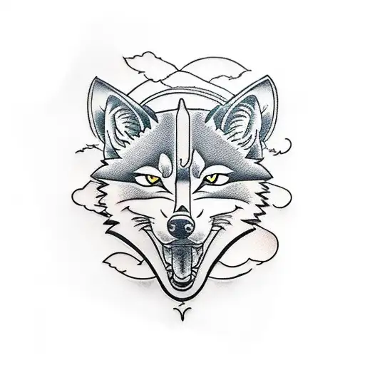 A Traditional-style Tattoo Of A Cnc Machine With A Wolf And Cat Intertwined In The Design