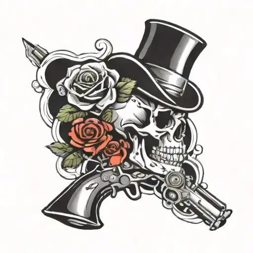 Skull With Top Hat And Revolver And Roses