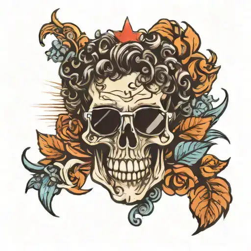 An Evil Smiling Skull Has Curly Hair And Ray Ban Sunglasses Staring At You