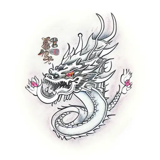 Ancient Chinese Dragon Surrounded By Cherry Blossoms