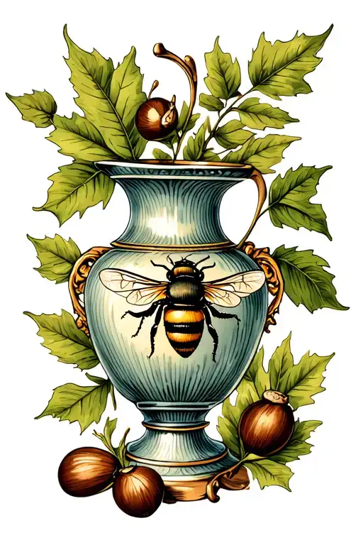 Antique Vase With Bee And Chestnut Leaf