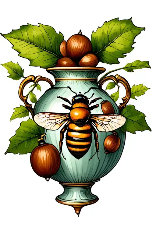 Antique Vase With A Bee And Chestnut Leaf