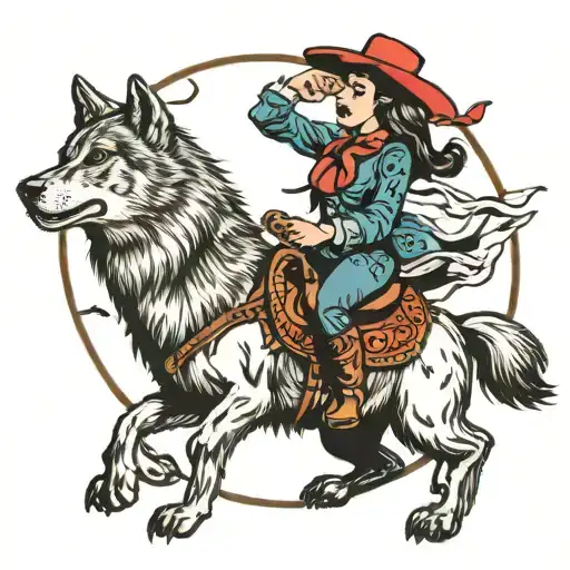 Cowgirl Riding The Big Bad Wolf Howling At The Moon