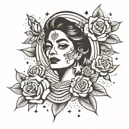 Mexican Woman Face With Roses And Stars