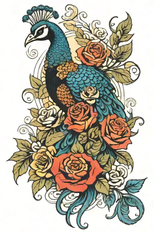 Peacock And Roses Blooming