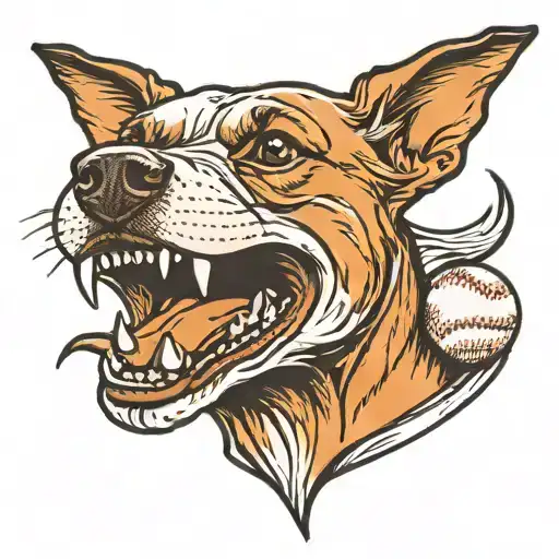 A Traditional Style Tattoo Of A Dog Face With A Baseball In Its Mouth