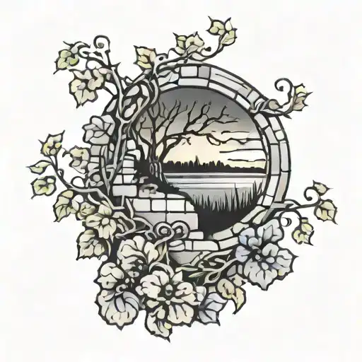 Stone Wall Wrapped In Vines Sunset Sky