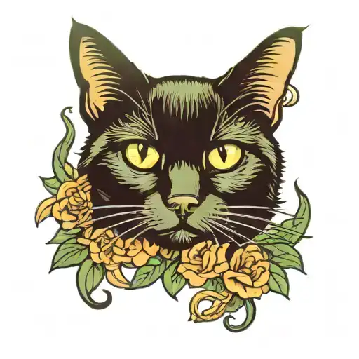 Black Cat With Green Eyes Surrounded By Floral Frame