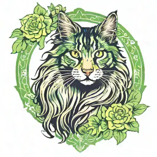 Long Haired Maine Coon With Green Eyes Surrounded By Floral Frame