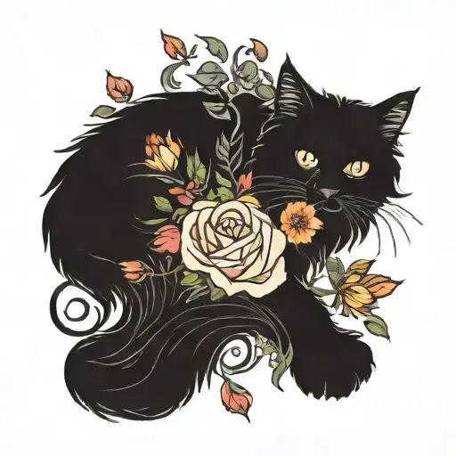 Black Maine Coon Surrounded By Floral Accents
