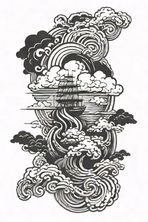 Blackout Sleeve With Clouds And An Island Black On White