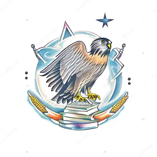 A Majestic Hawk Perched On A Stack Of Books With Astrology Symbols Floating Around