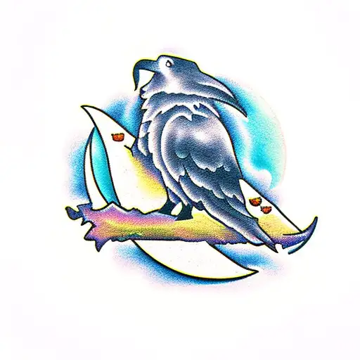 Raven With Wolf Front Of Crescent Moon