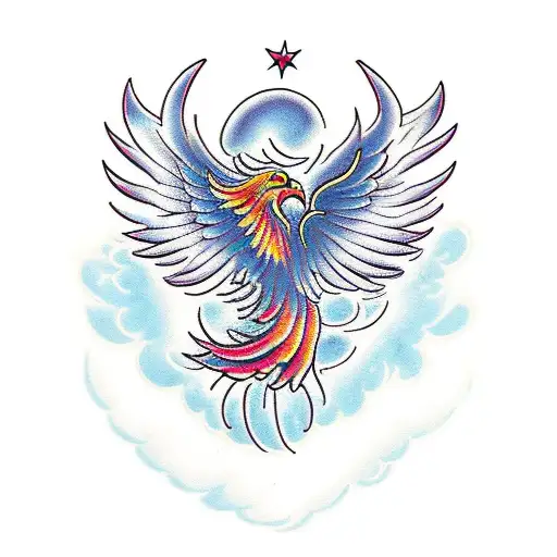 A Majestic Phoenix Flying Over A Field Of Blooming Roses