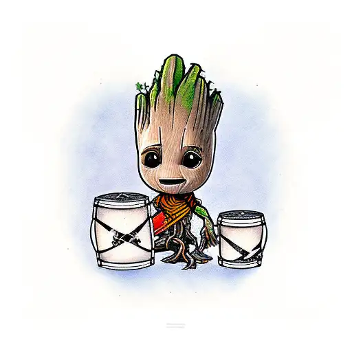 A Baby Groot Playing A Drum Set