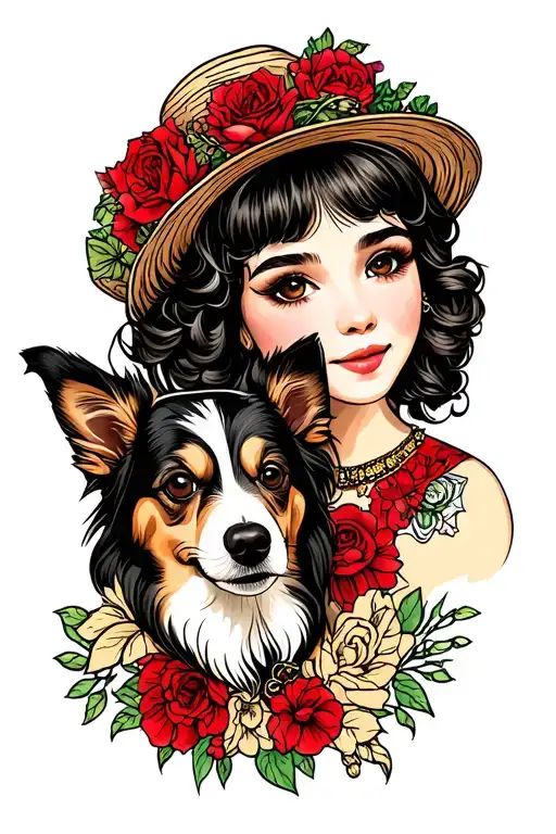 Girl And Her Dog In Old School Style