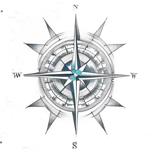 Compass Tattoo With Trees And Ocean Waves