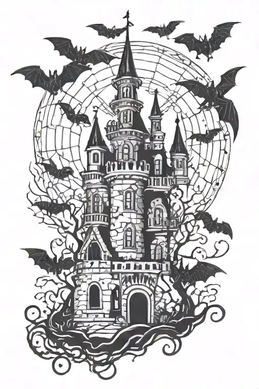 A Creepy Castel In Black And Red Including Bats And Spiders And Spider Web