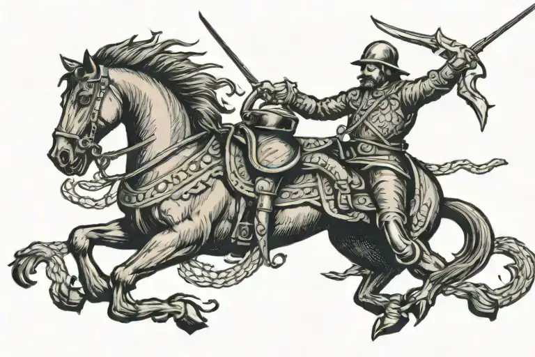 Traditional Tattoo With Image Of Medival Hourse Man Killing Snake On The Flor